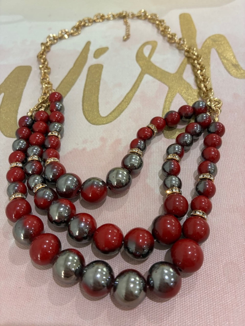 Gold Chain Red and Gunmetal Beaded Statement Necklace